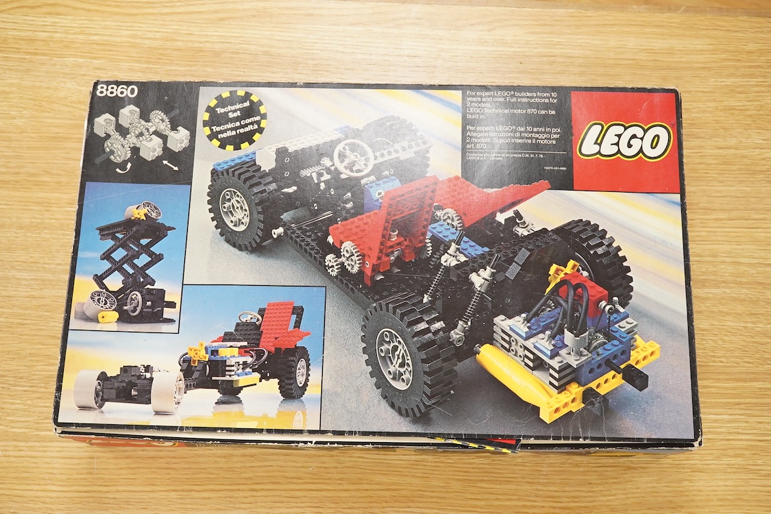 An early 1980s boxed Technic Lego set (8860), 2-seater car chassis, the set appears to be substantially complete with instructions, box af